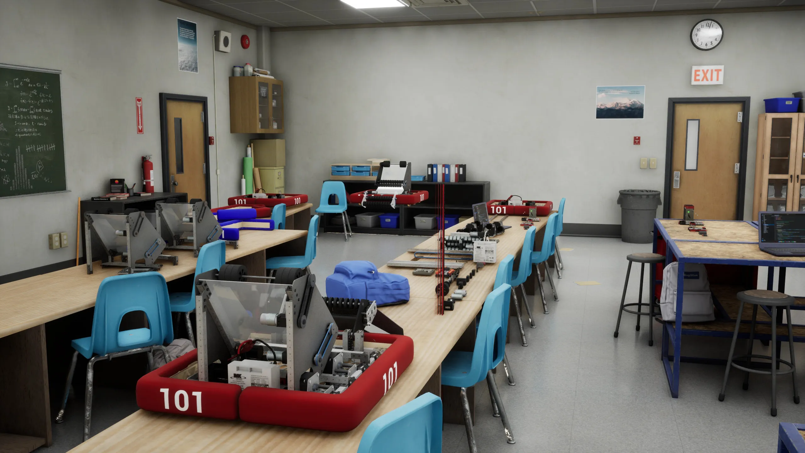 A classroom workshop with benches, tools, and a robot on a bench.