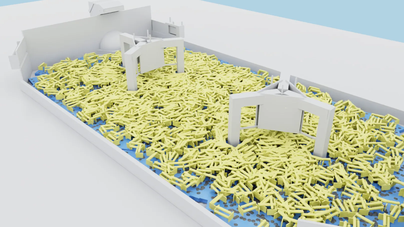 Thousands of yellow robot shapes piled across one field in the Isaac Lab viewer.