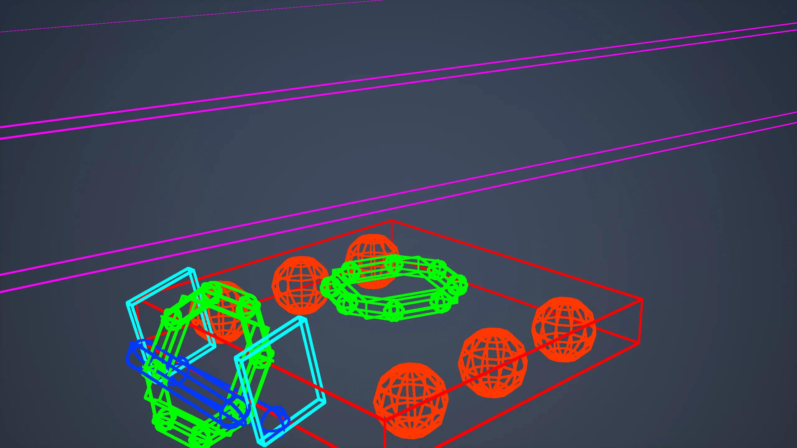 The same frame showing only physics collision shapes: a box for the chassis, spheres for the wheels, and segmented rings for the notes.