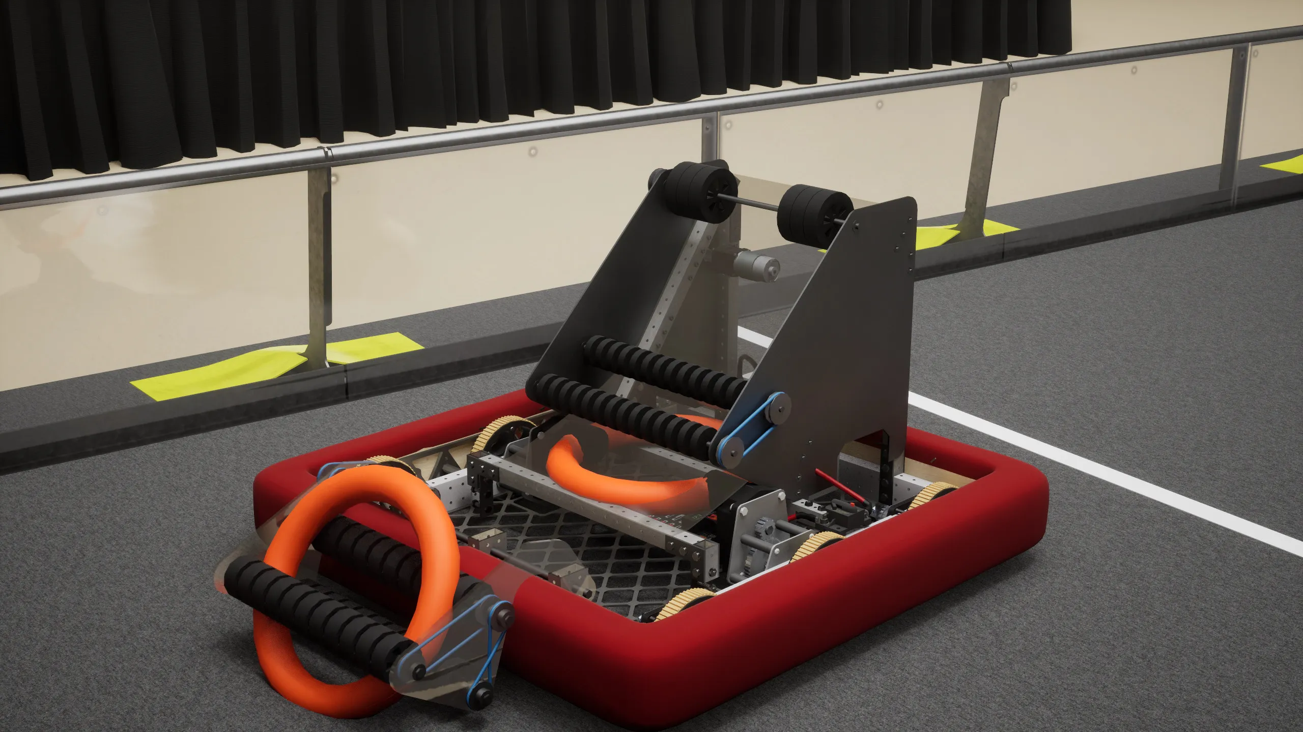 A robot with a note in its intake, as rendered in Unreal Engine 5.