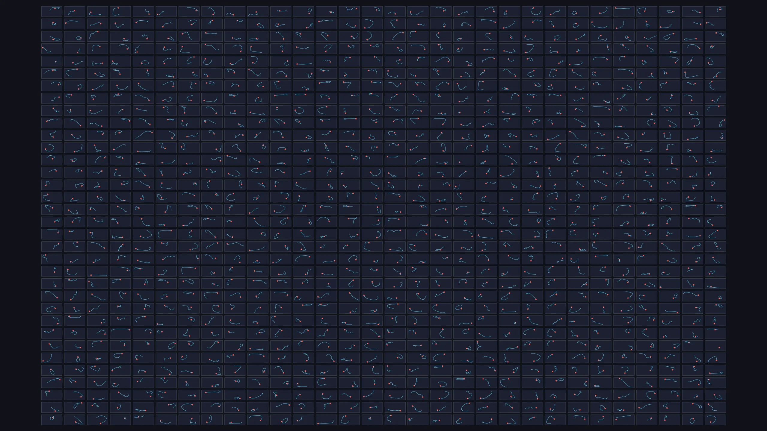 A grid of 1,020 small top-down fields, each with a robot and the path it just drove.