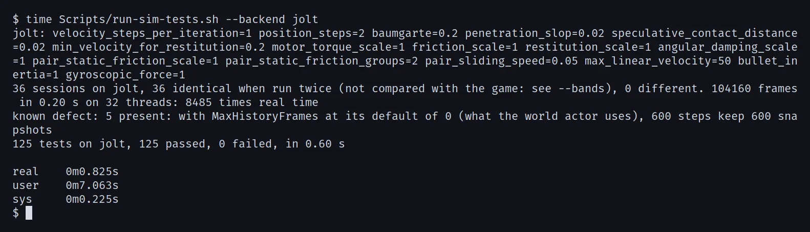 Terminal output of the simulation test suite: 125 tests on Jolt, 125 passed, in 0.61 seconds.